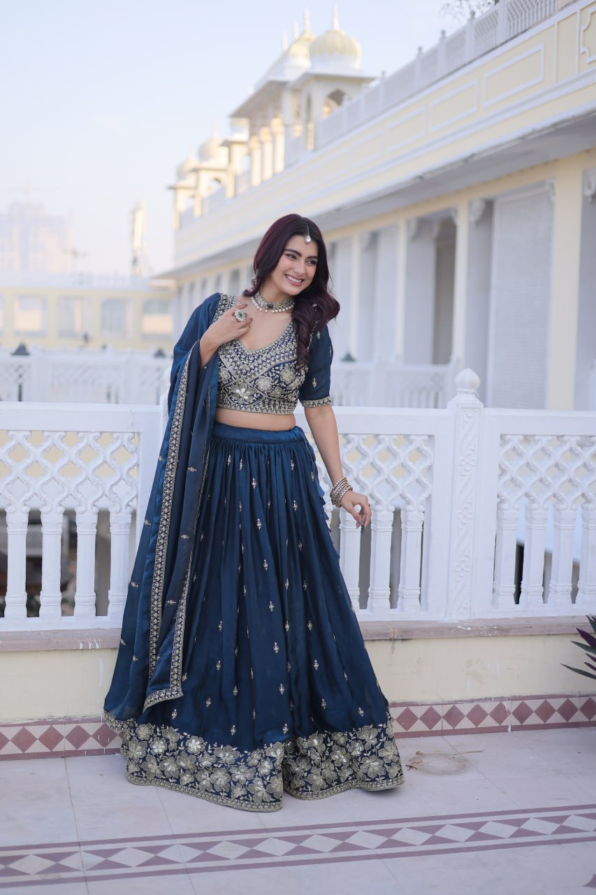 Rama Blue Fendy Silk Embroidered Lehenga Choli