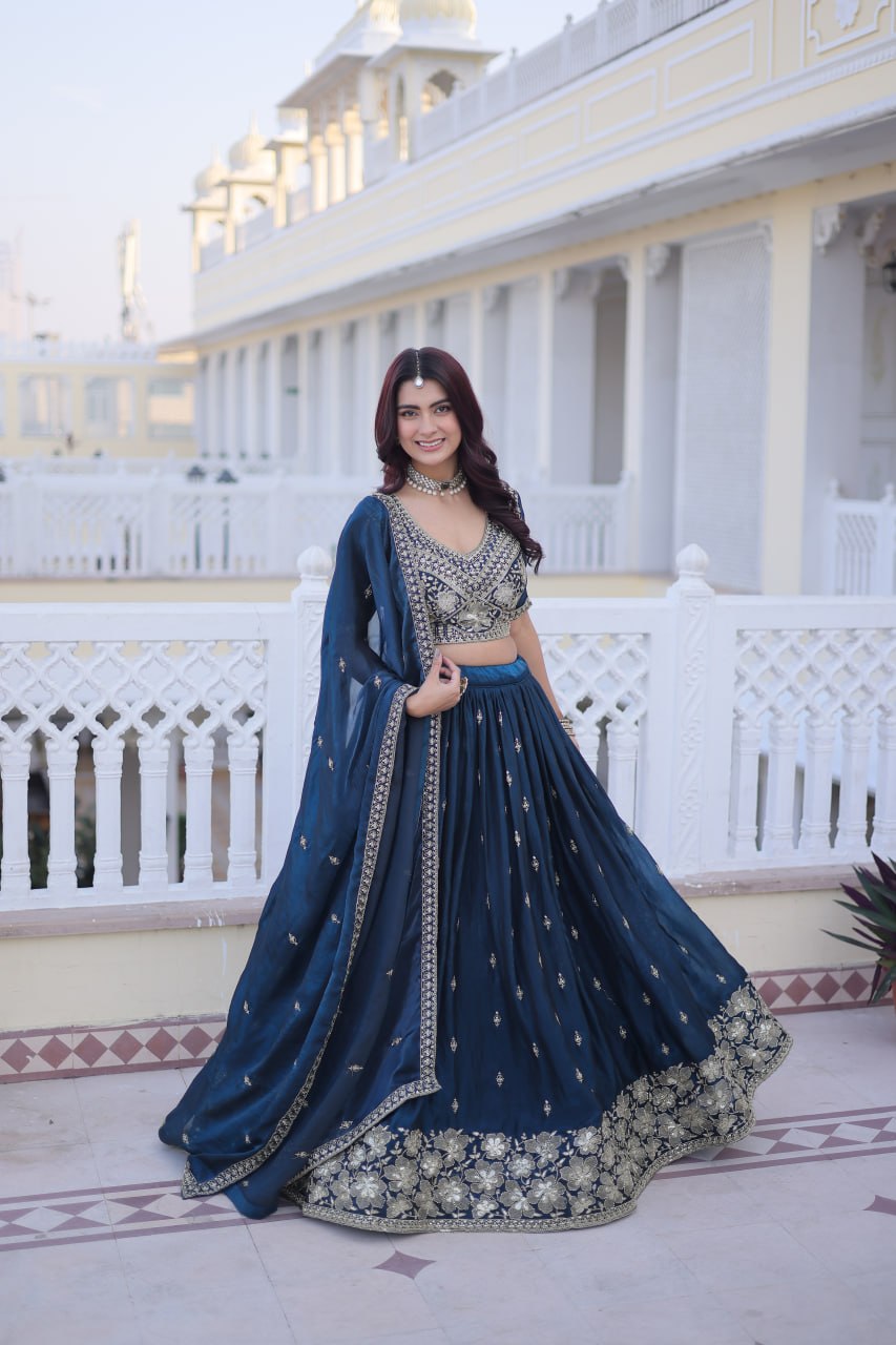 Rama Blue Fendy Silk Embroidered Lehenga Choli