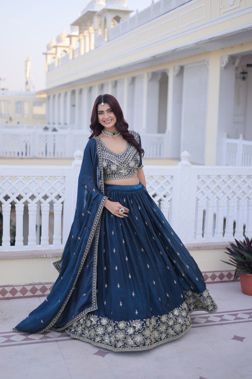 Rama Blue Fendy Silk Embroidered Lehenga Choli