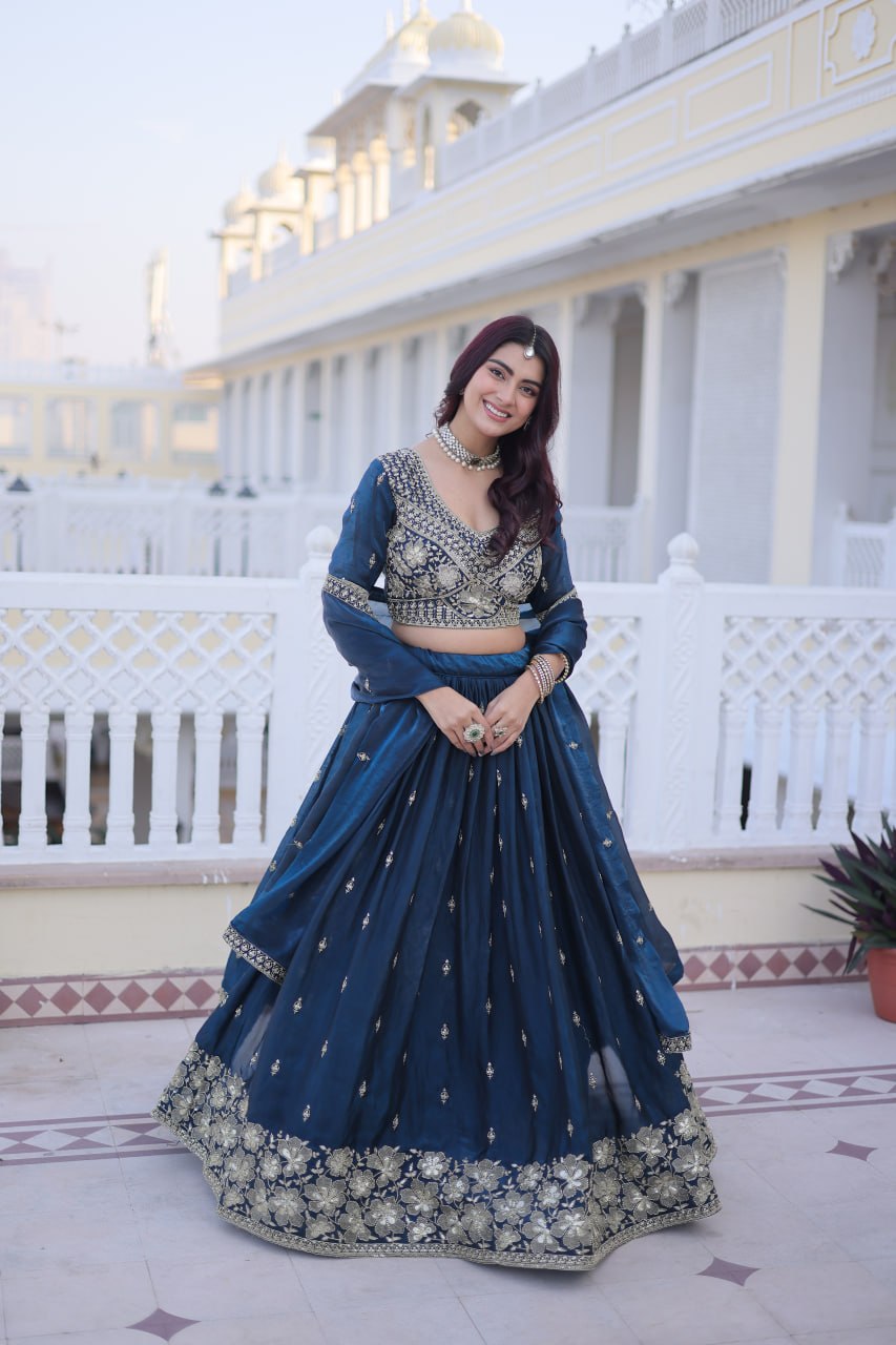 Rama Blue Fendy Silk Embroidered Lehenga Choli