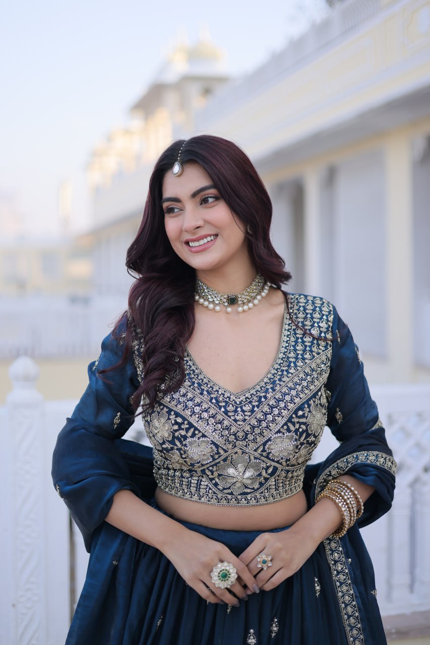 Rama Blue Fendy Silk Embroidered Lehenga Choli