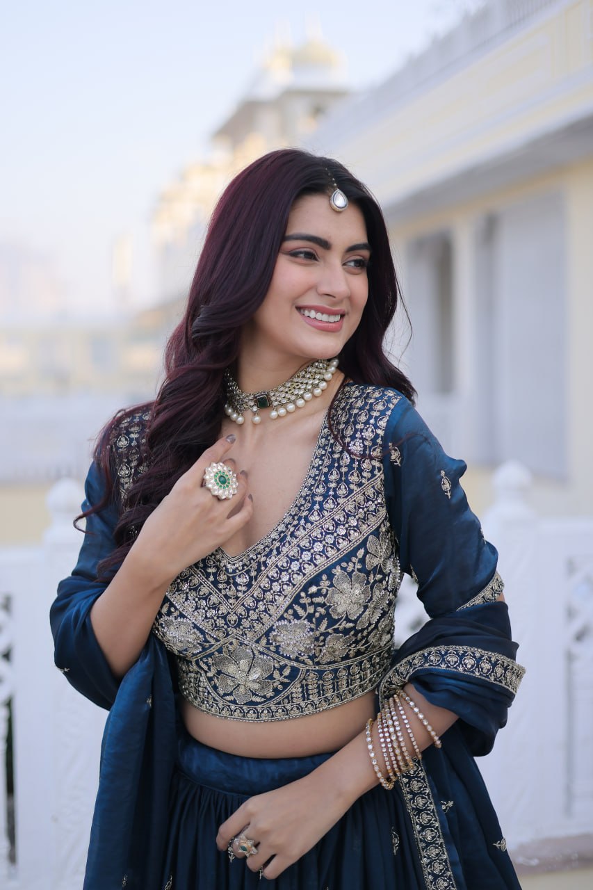 Rama Blue Fendy Silk Embroidered Lehenga Choli