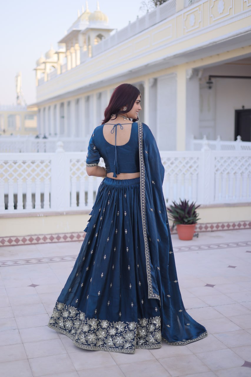 Rama Blue Fendy Silk Embroidered Lehenga Choli