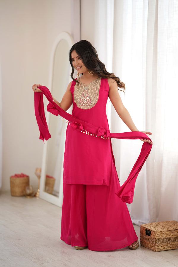 Rani Pink Mirror Work Roman Silk Salwar Kameez with Palazzo