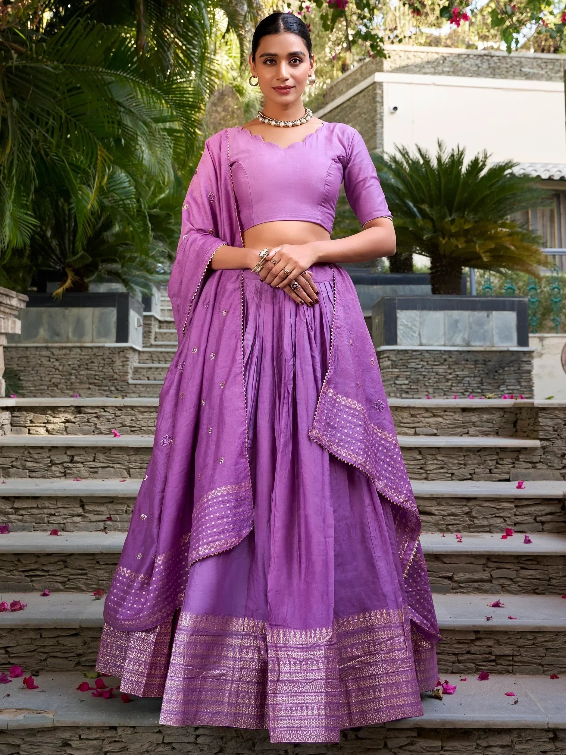 Lavender Awesome Zari Weaving Chanderi Silk Festive Wear Lehenga Choli