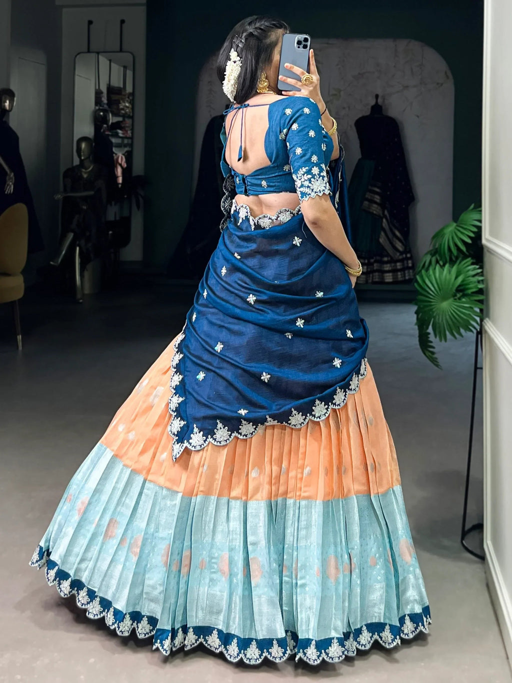 Ravishing Orange Zari Weaving Silk Wedding Wear Half Saree Lehenga