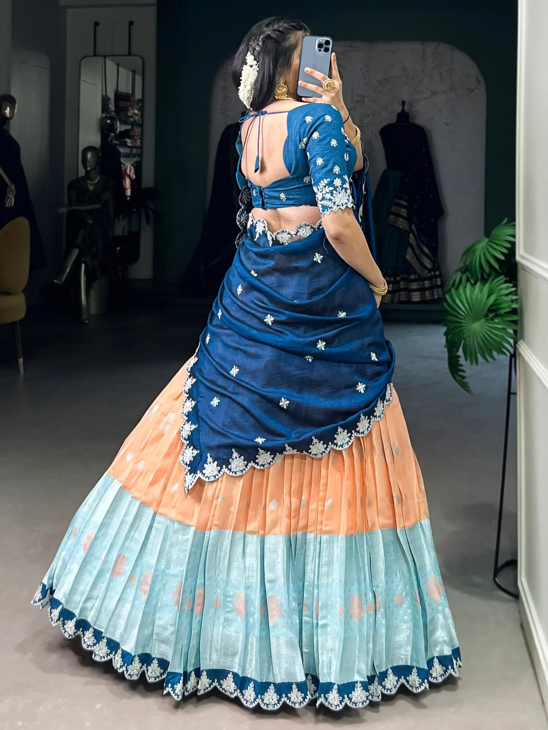Ravishing Orange Zari Weaving Silk Wedding Wear Half Saree Lehenga