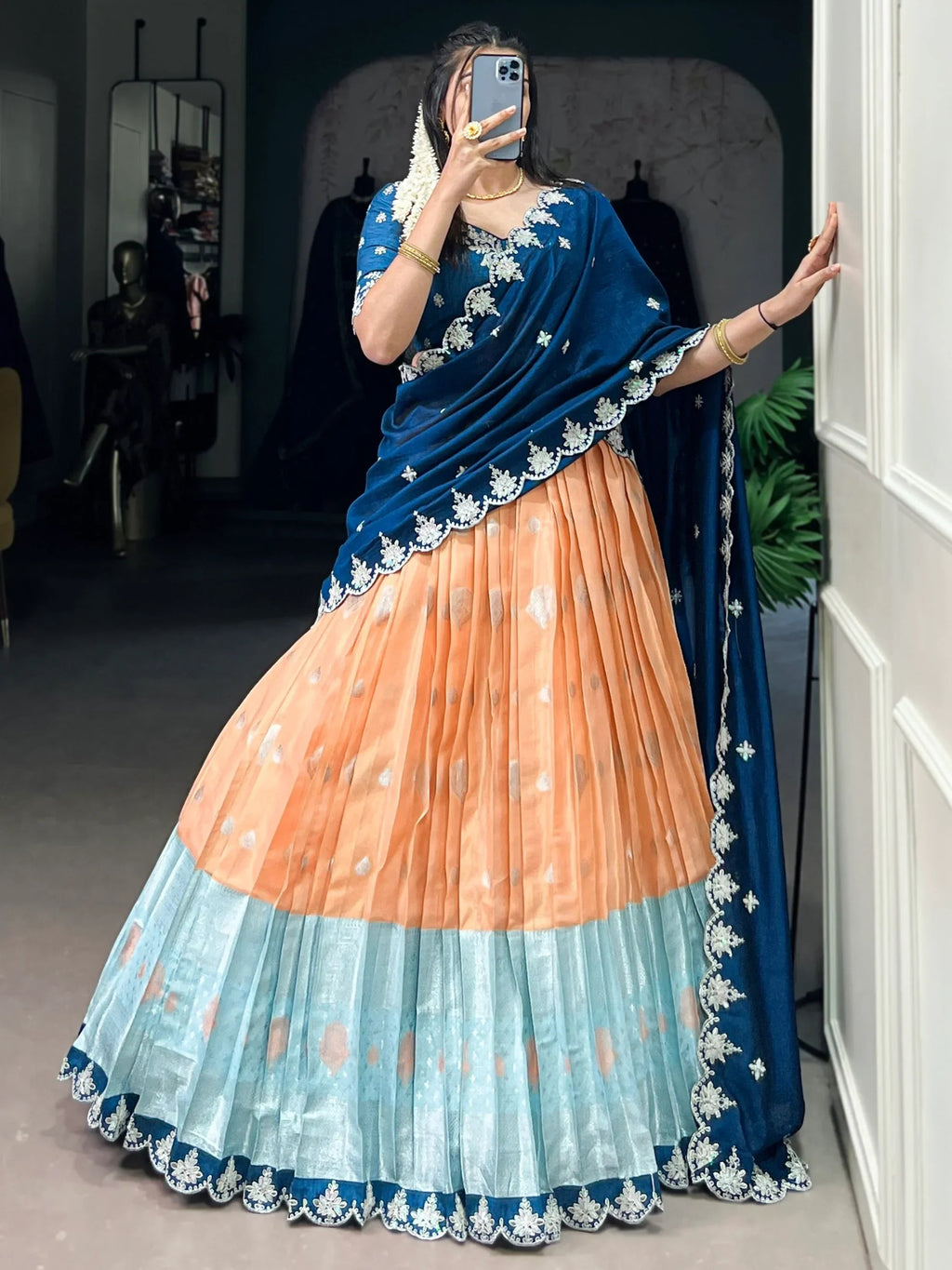 Ravishing Orange Zari Weaving Silk Wedding Wear Half Saree Lehenga