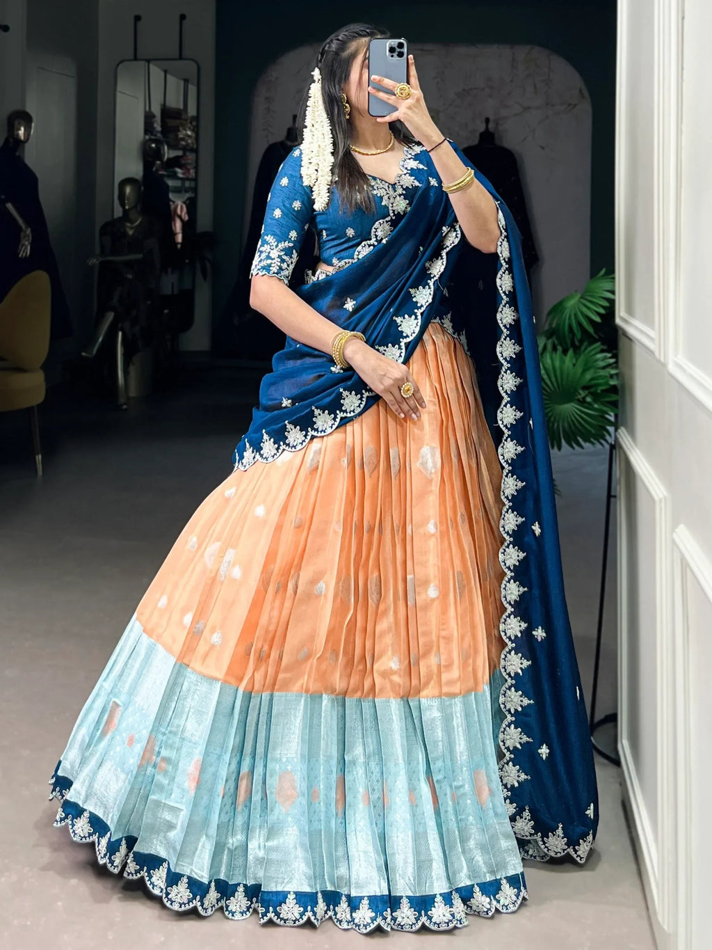 Ravishing Orange Zari Weaving Silk Wedding Wear Half Saree Lehenga