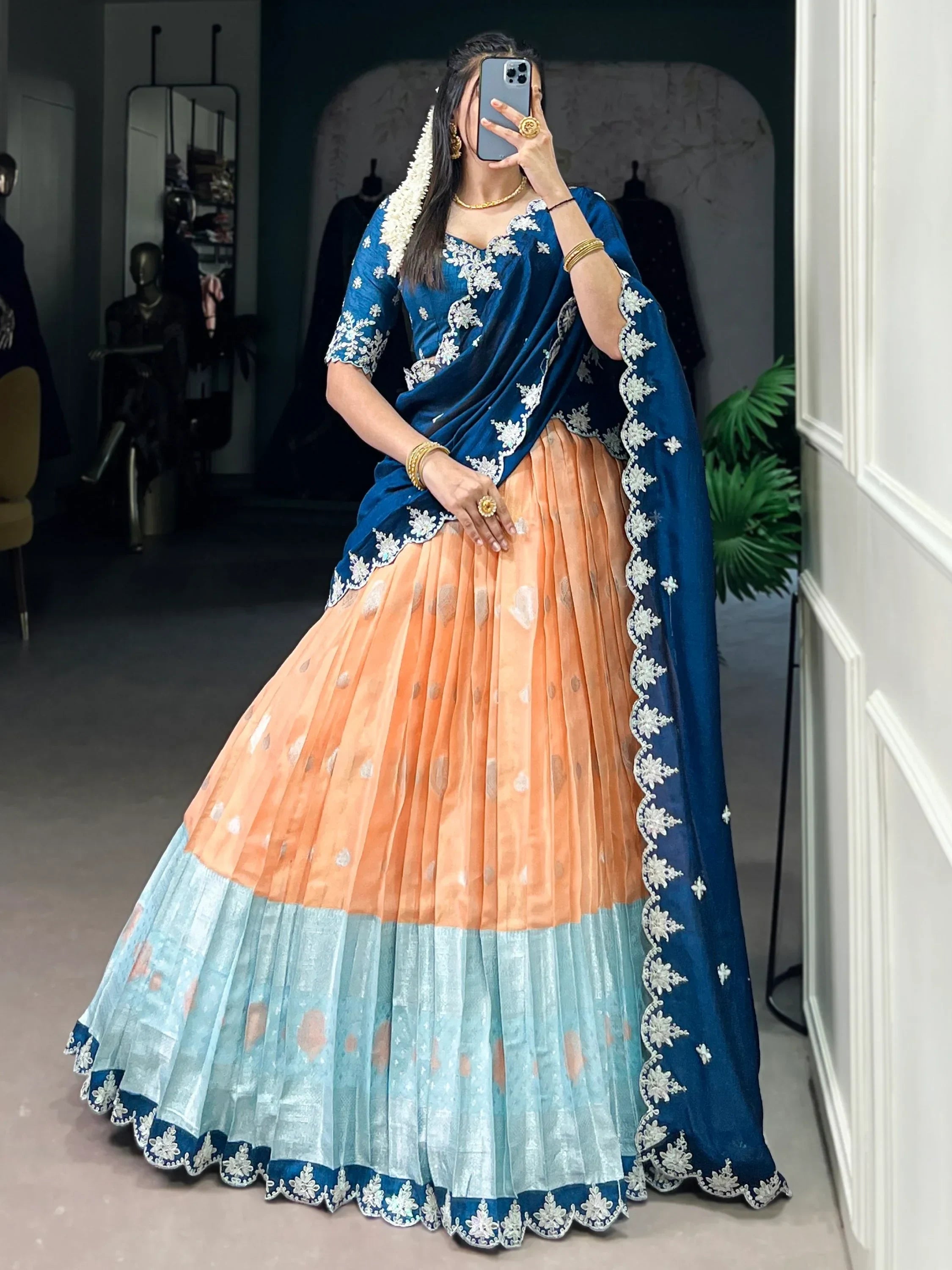 Ravishing Orange Zari Weaving Silk Wedding Wear Half Saree Lehenga