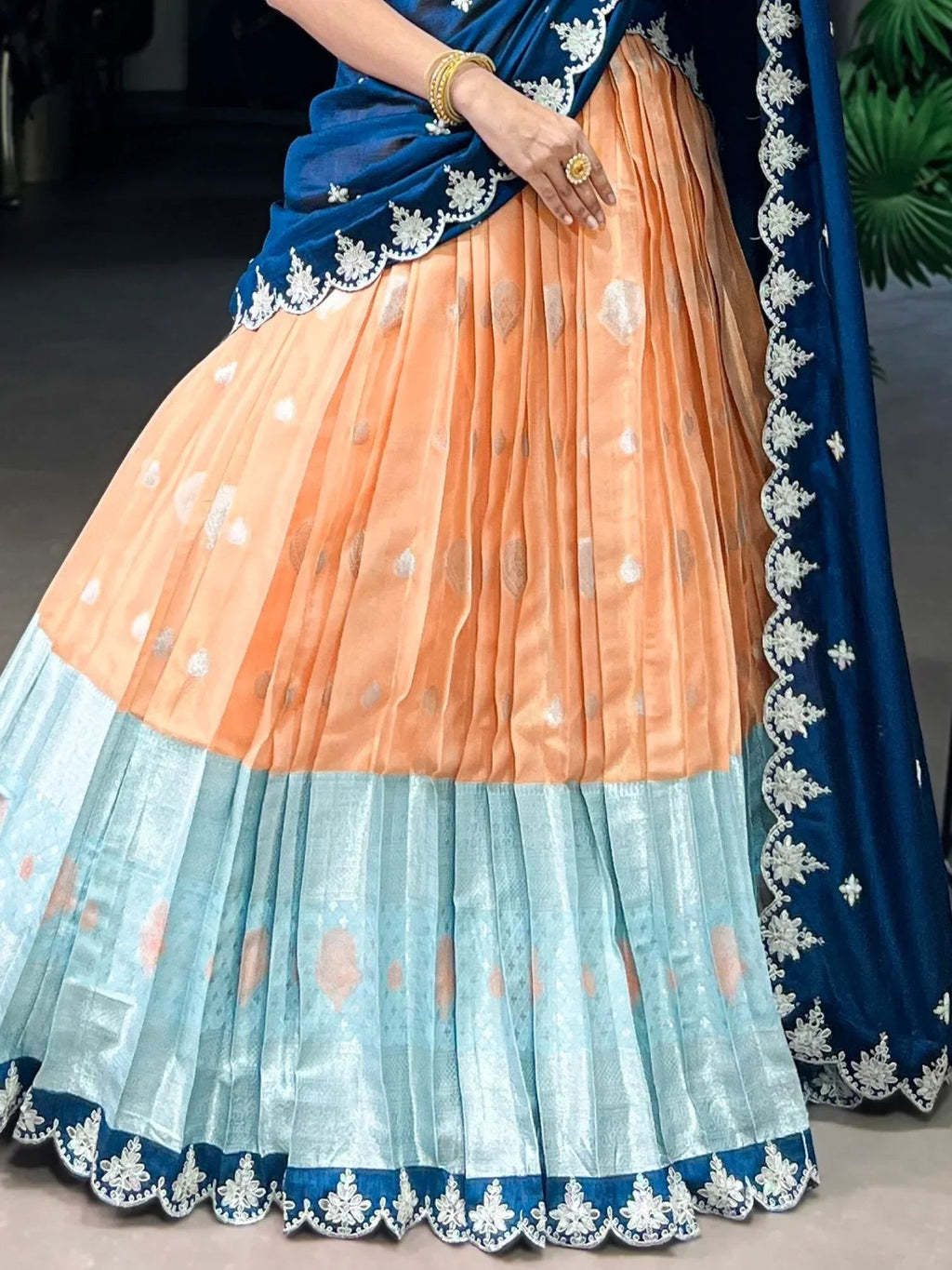 Ravishing Orange Zari Weaving Silk Wedding Wear Half Saree Lehenga