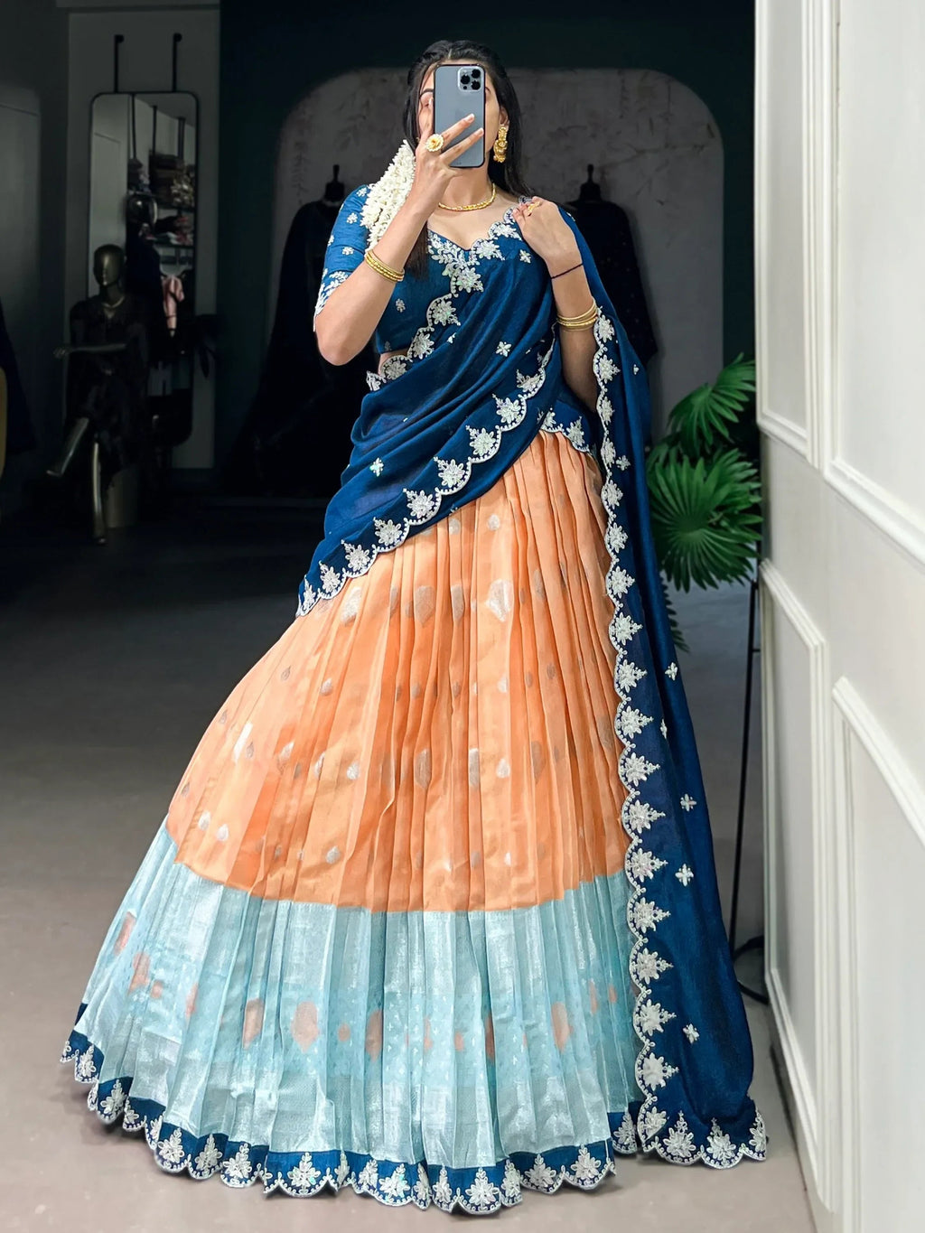 Ravishing Orange Zari Weaving Silk Wedding Wear Half Saree Lehenga