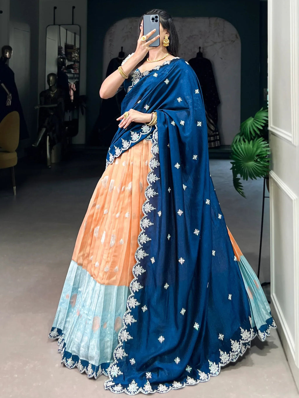 Ravishing Orange Zari Weaving Silk Wedding Wear Half Saree Lehenga