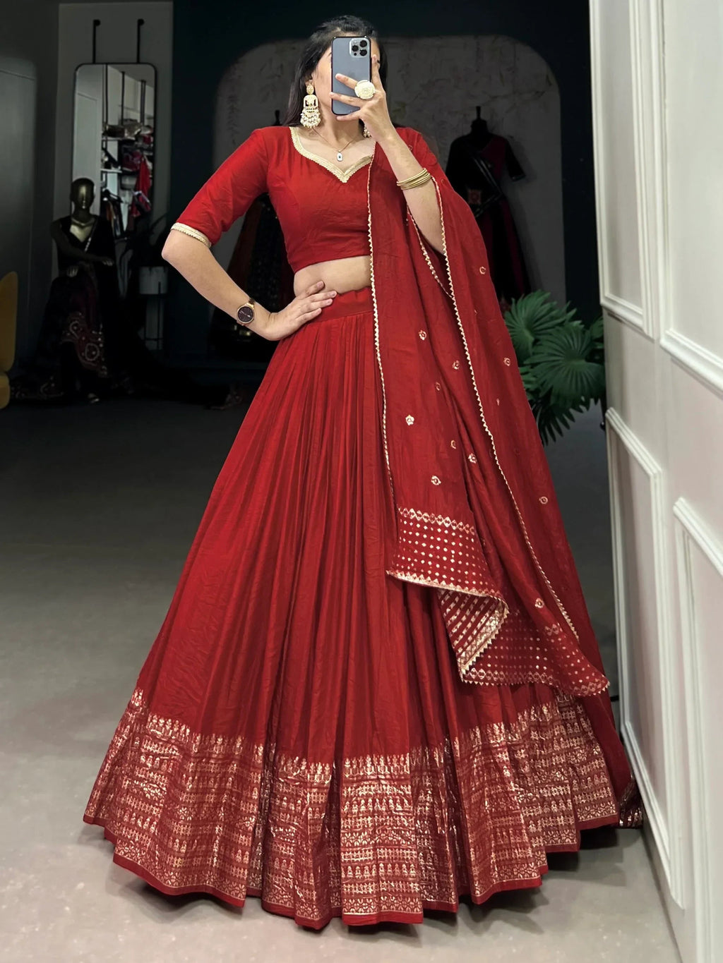 Ravishing Red Border Work Chanderi Silk Wedding Lehenga With Blouse