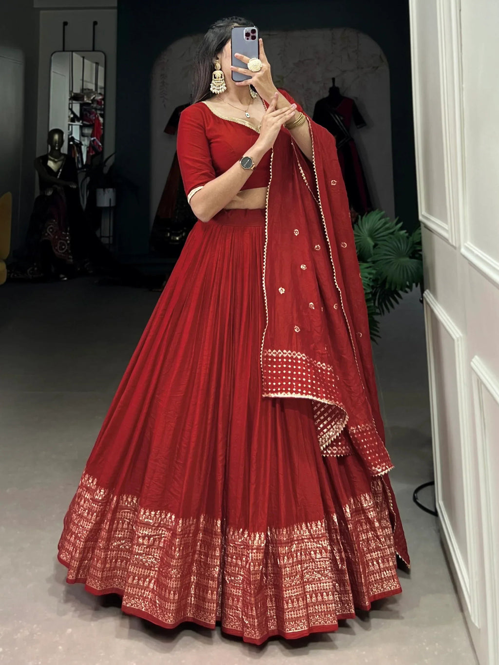 Ravishing Red Border Work Chanderi Silk Wedding Lehenga With Blouse