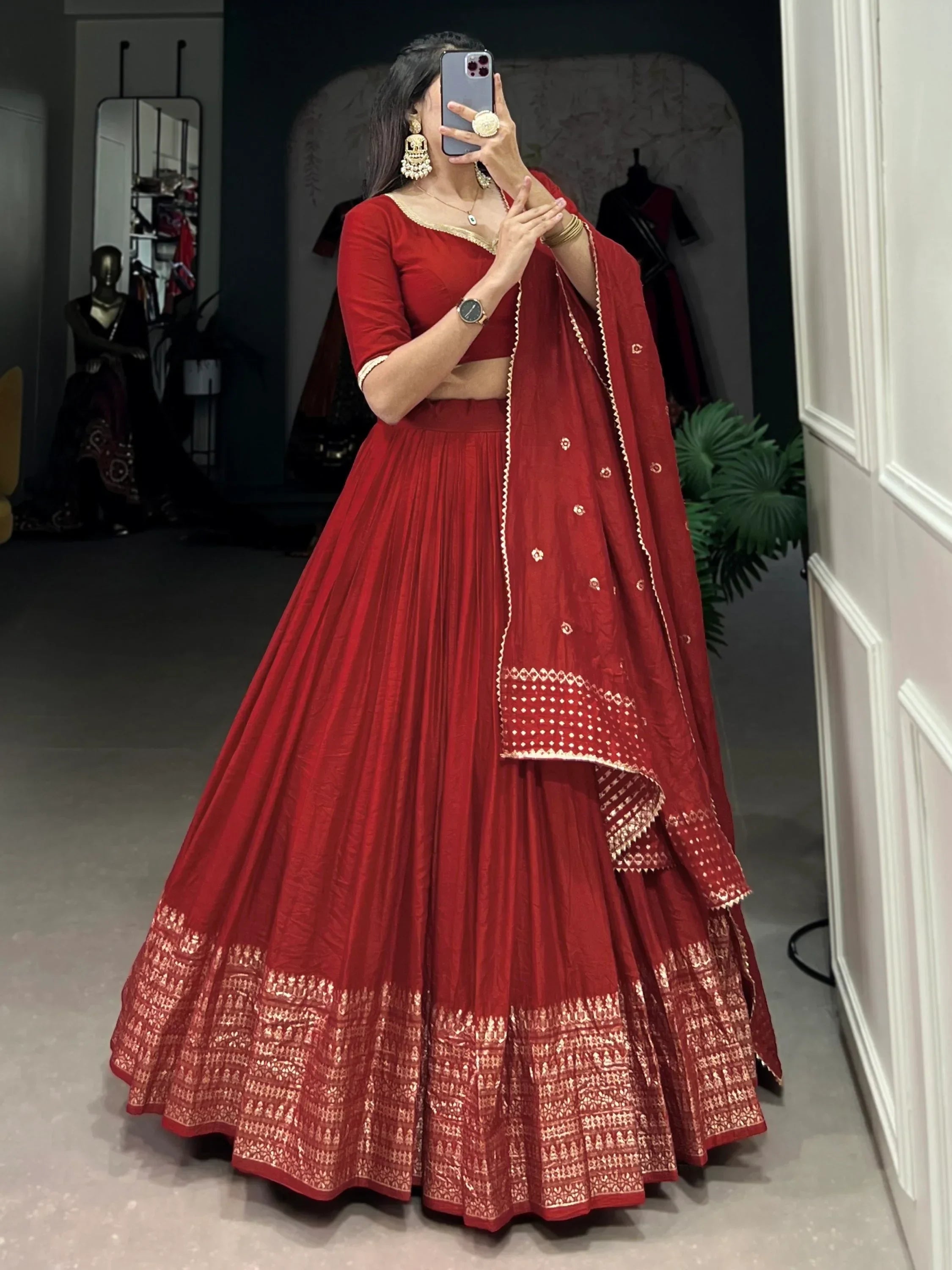 Ravishing Red Border Work Chanderi Silk Wedding Lehenga With Blouse