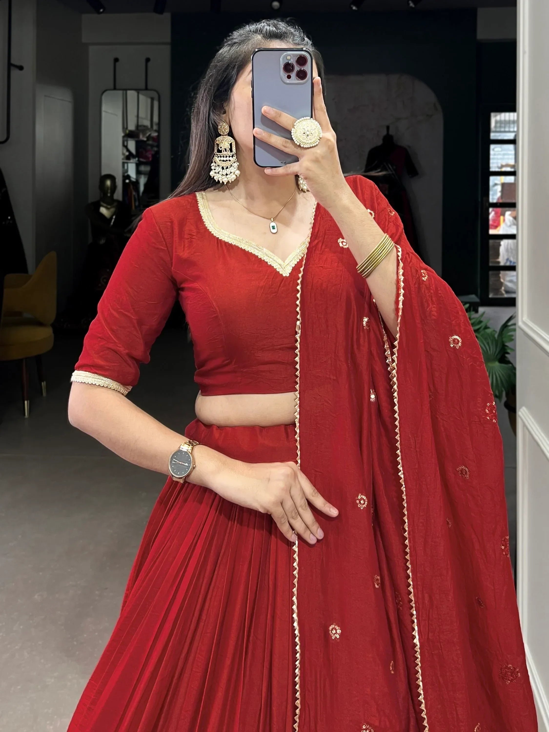 Ravishing Red Border Work Chanderi Silk Wedding Lehenga With Blouse