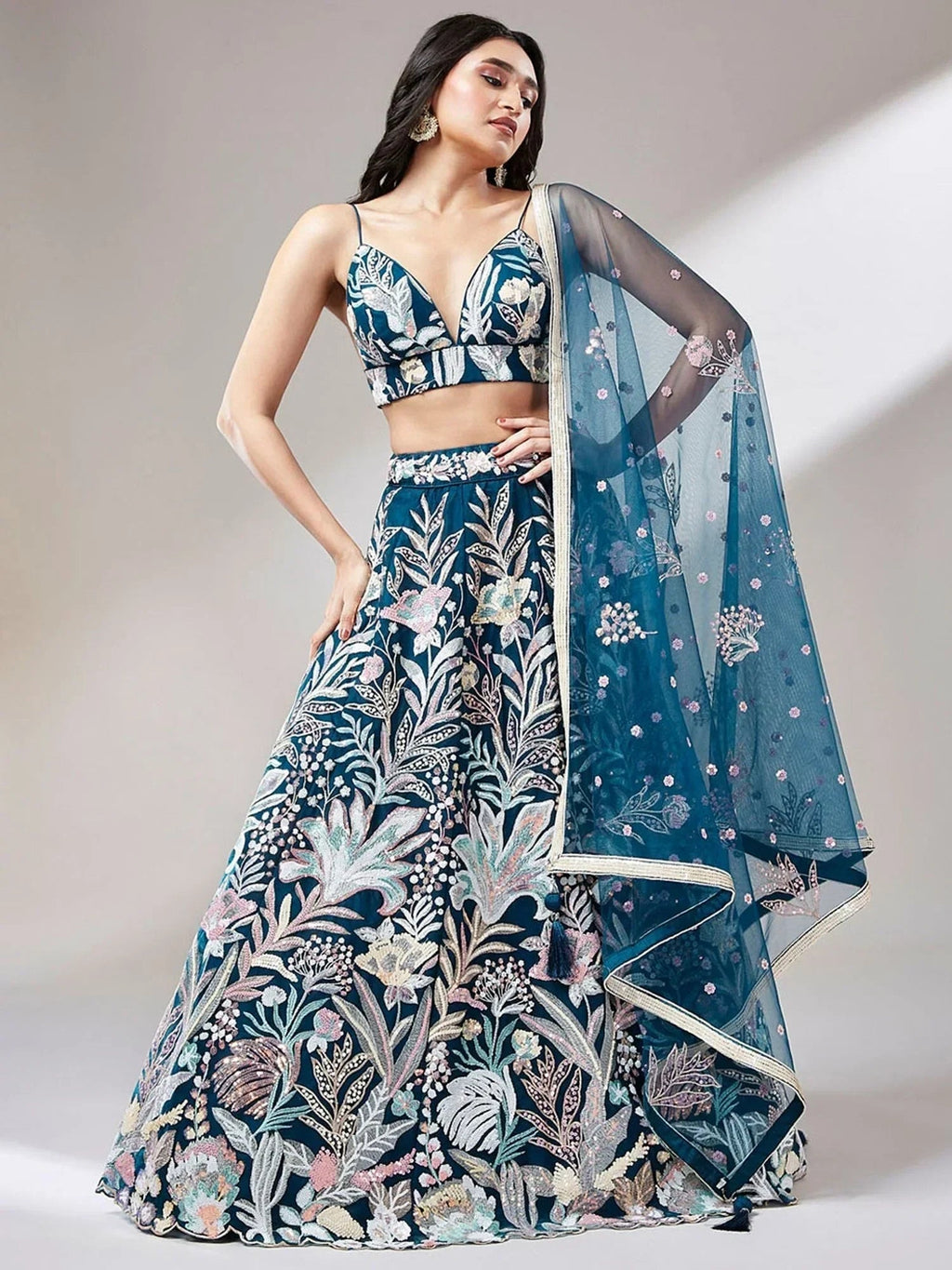 Teal Ravishing Color Sequins Soft Net Party Wear Lehenga Choli