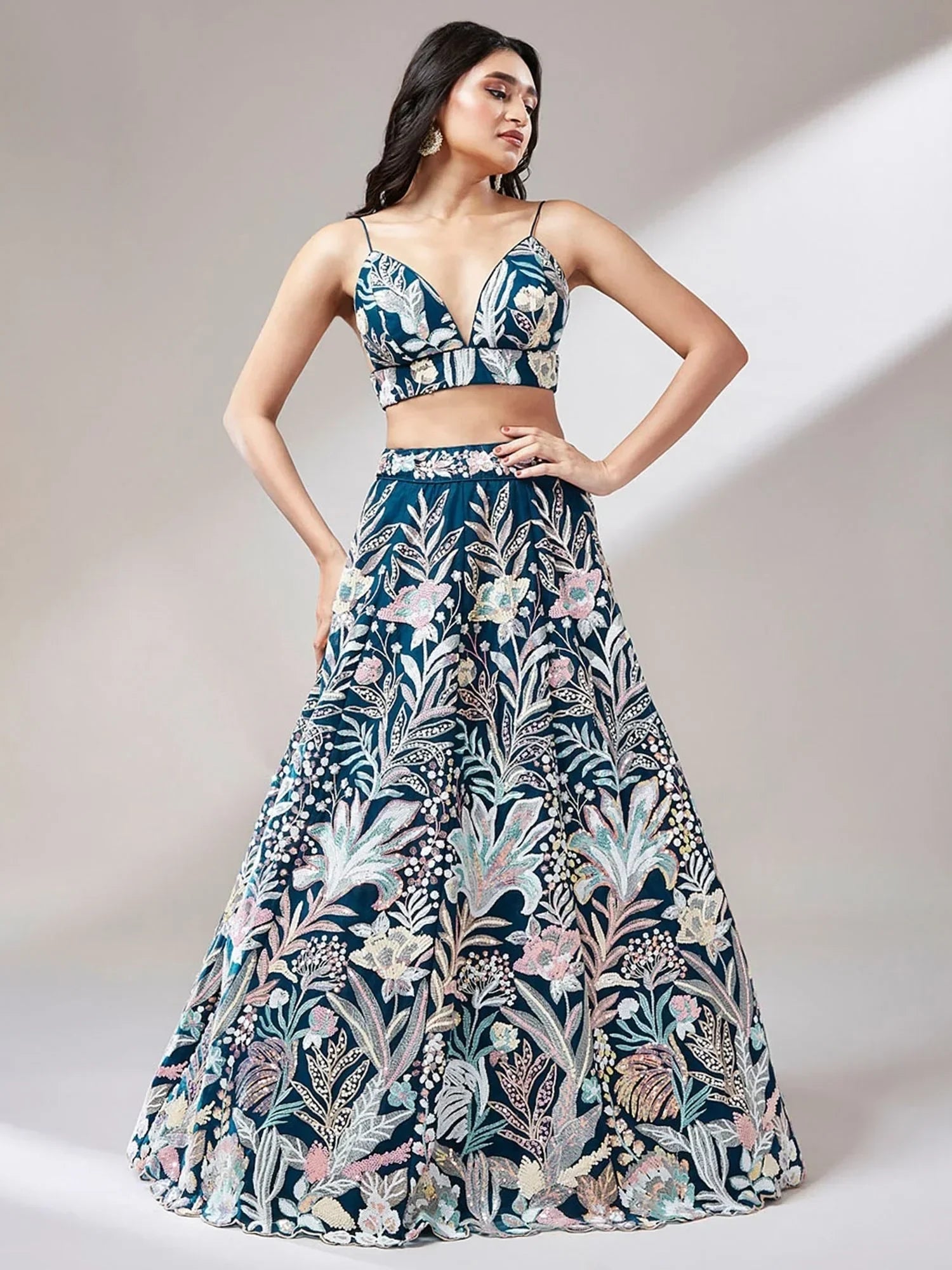 Teal Ravishing Color Sequins Soft Net Party Wear Lehenga Choli