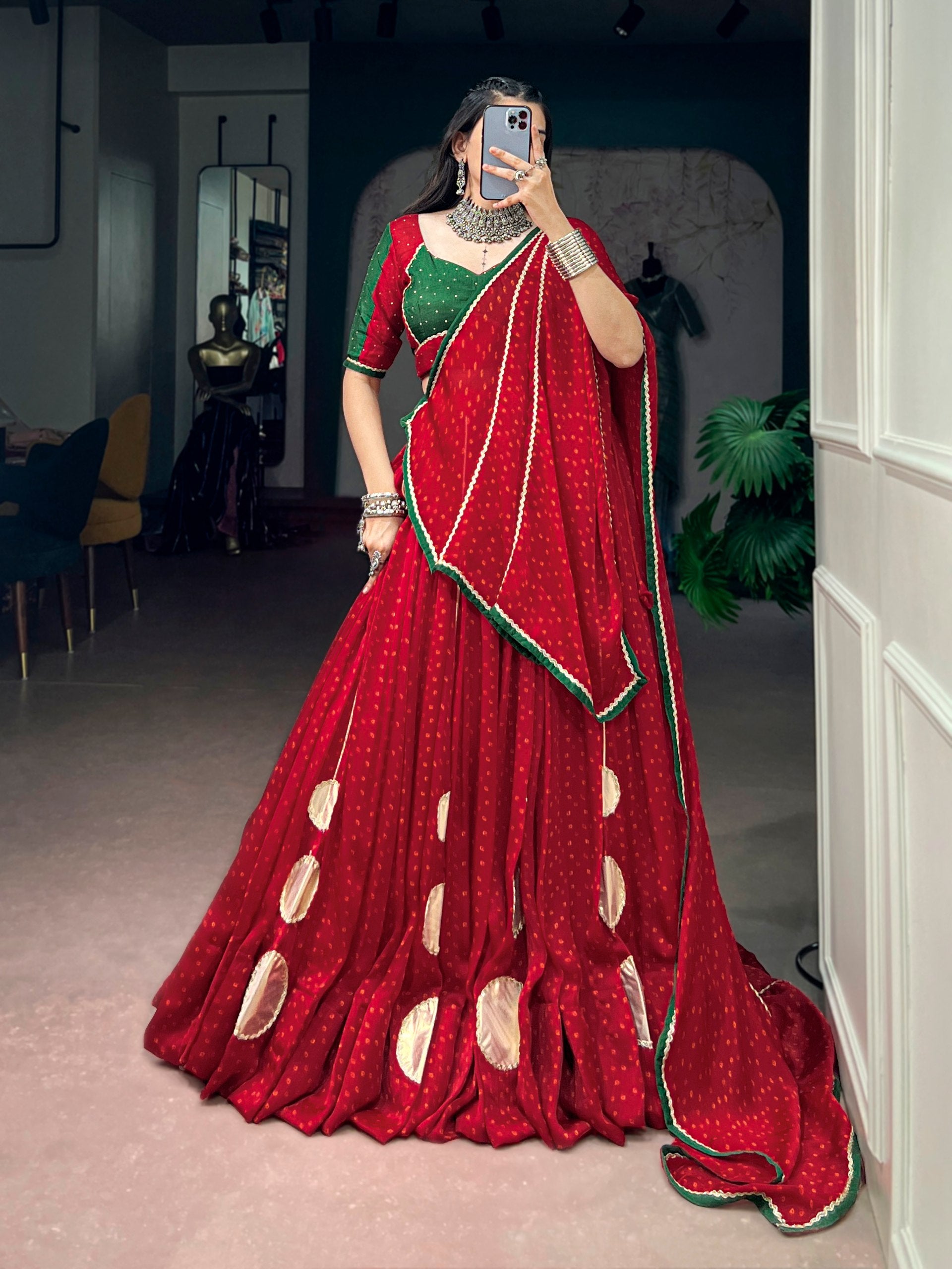 Red Bandhej Print Navratri Lehenga Choli with Gotta Patch Work