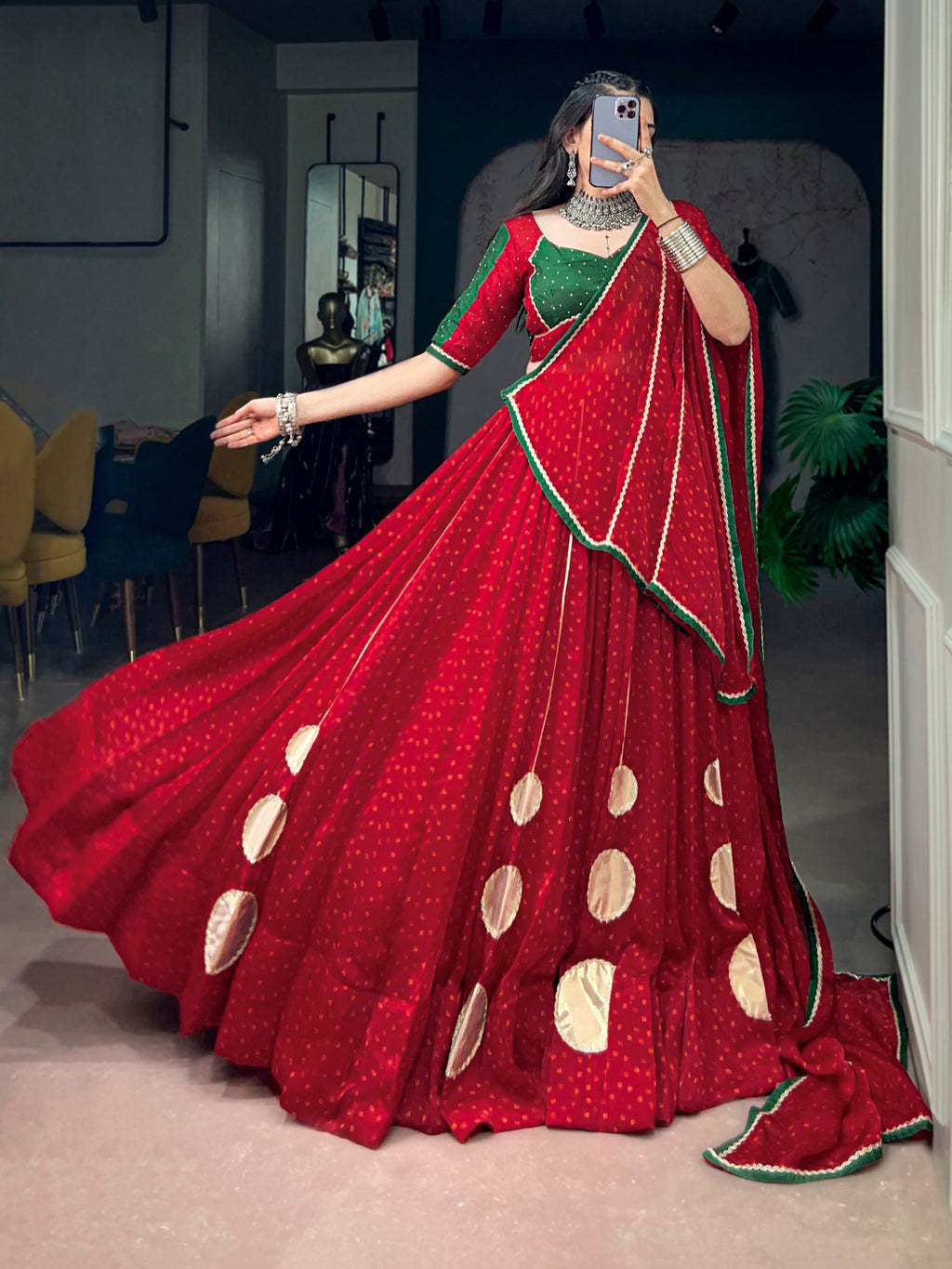 Red Bandhej Print Navratri Lehenga Choli with Gotta Patch Work