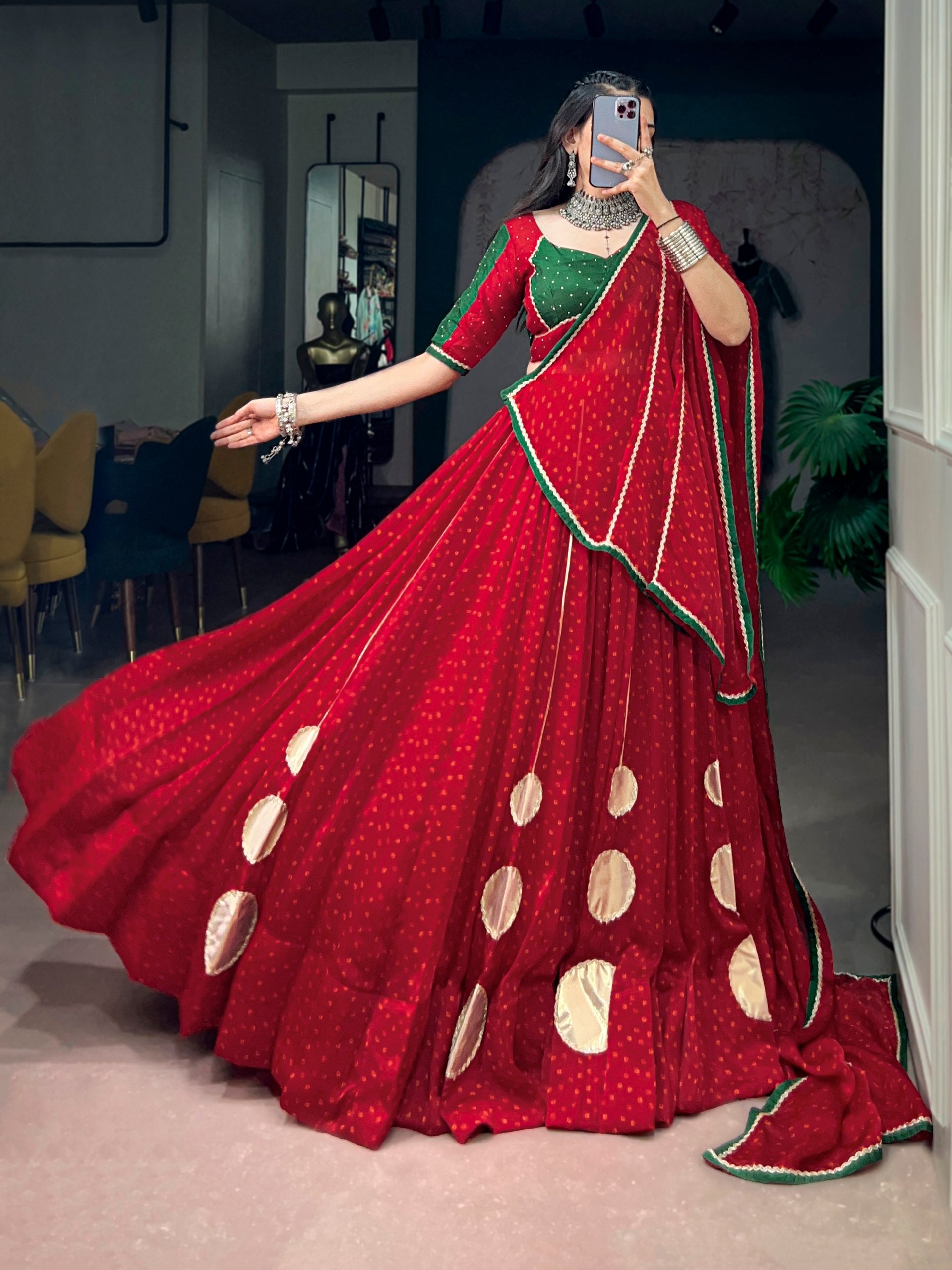 Red Bandhej Print Navratri Lehenga Choli with Gotta Patch Work