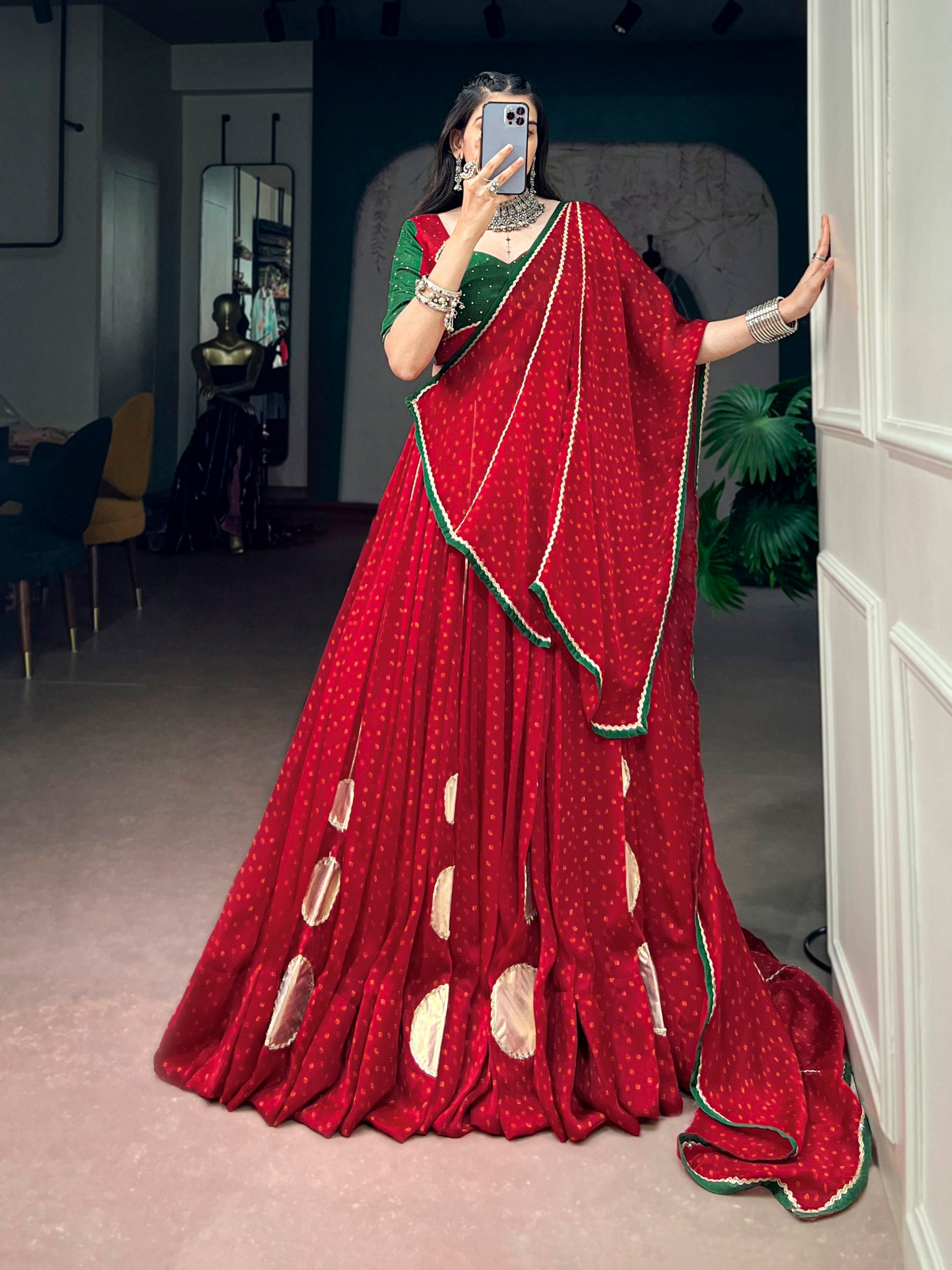 Red Bandhej Print Navratri Lehenga Choli with Gotta Patch Work