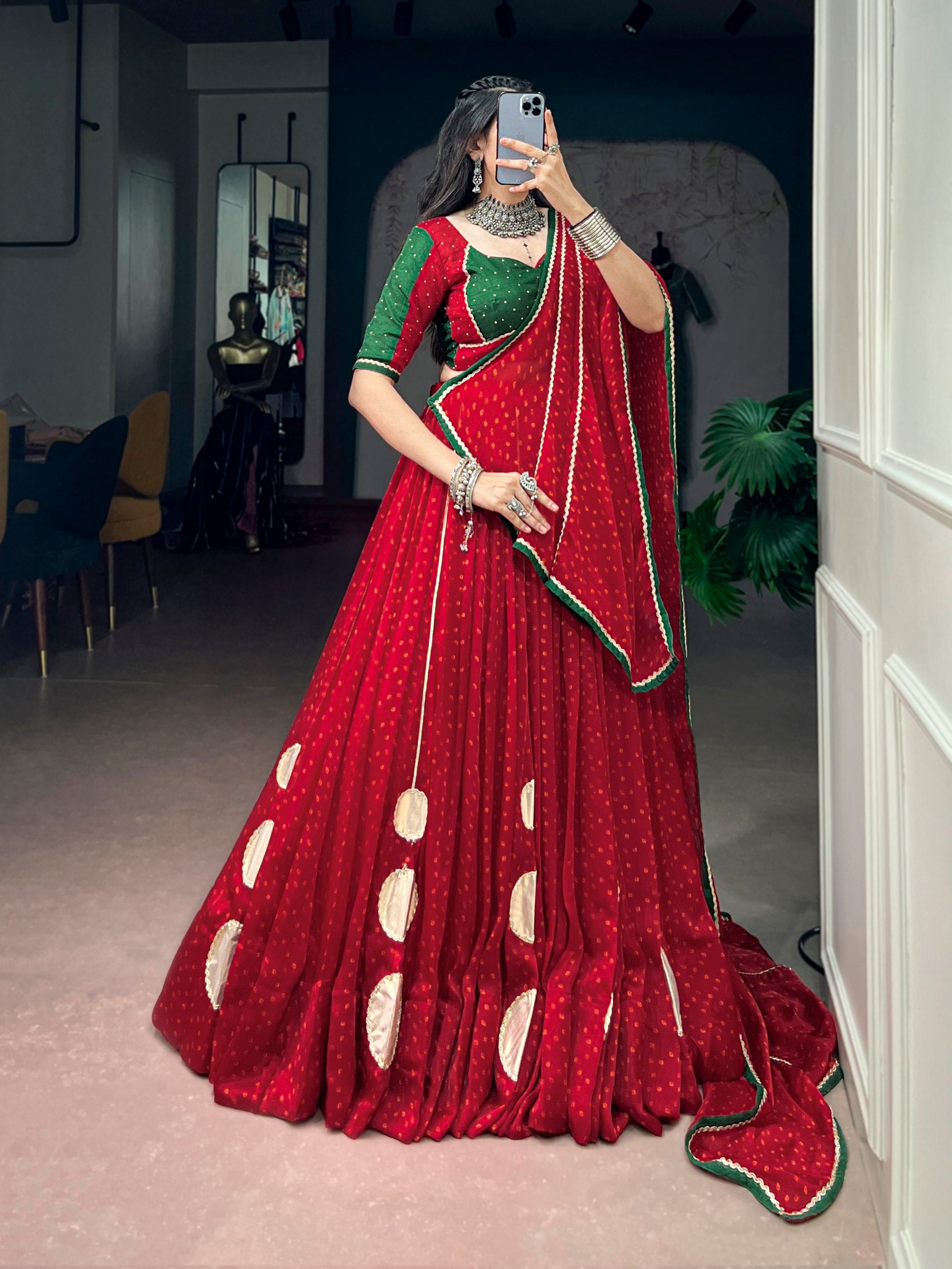 Red Bandhej Print Navratri Lehenga Choli with Gotta Patch Work