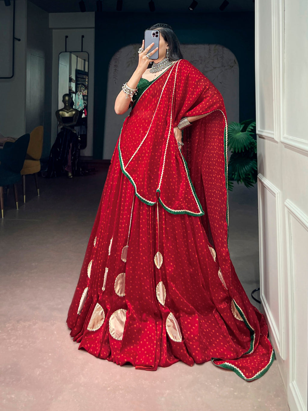 Red Bandhej Print Navratri Lehenga Choli with Gotta Patch Work