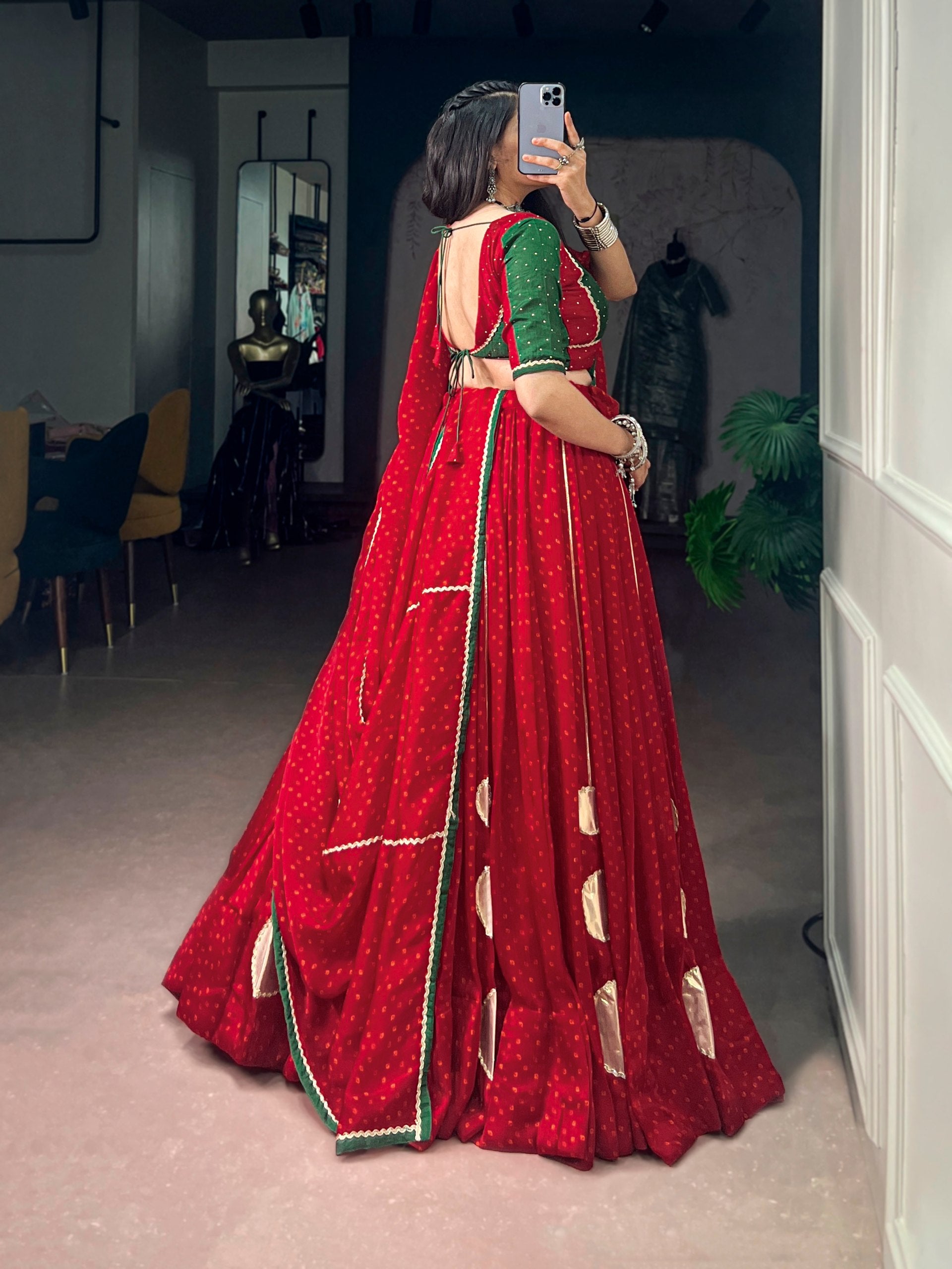 Red Bandhej Print Navratri Lehenga Choli with Gotta Patch Work
