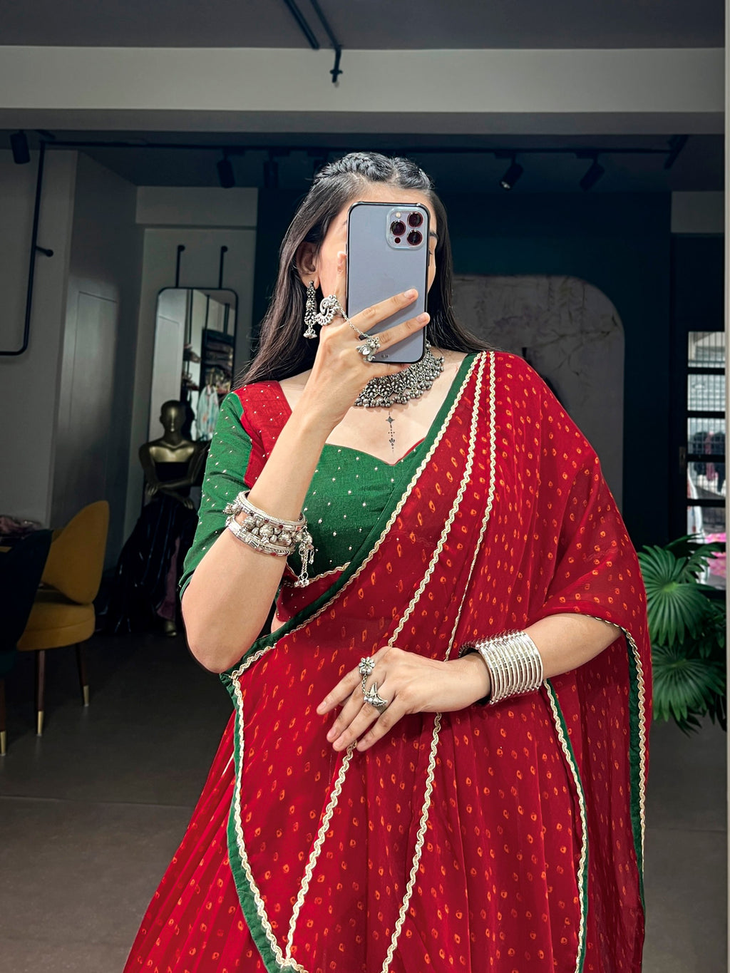 Red Bandhej Print Navratri Lehenga Choli with Gotta Patch Work