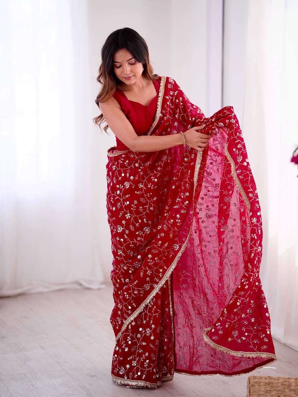 Red Crunchy Silk Saree with Sequin Embroidery