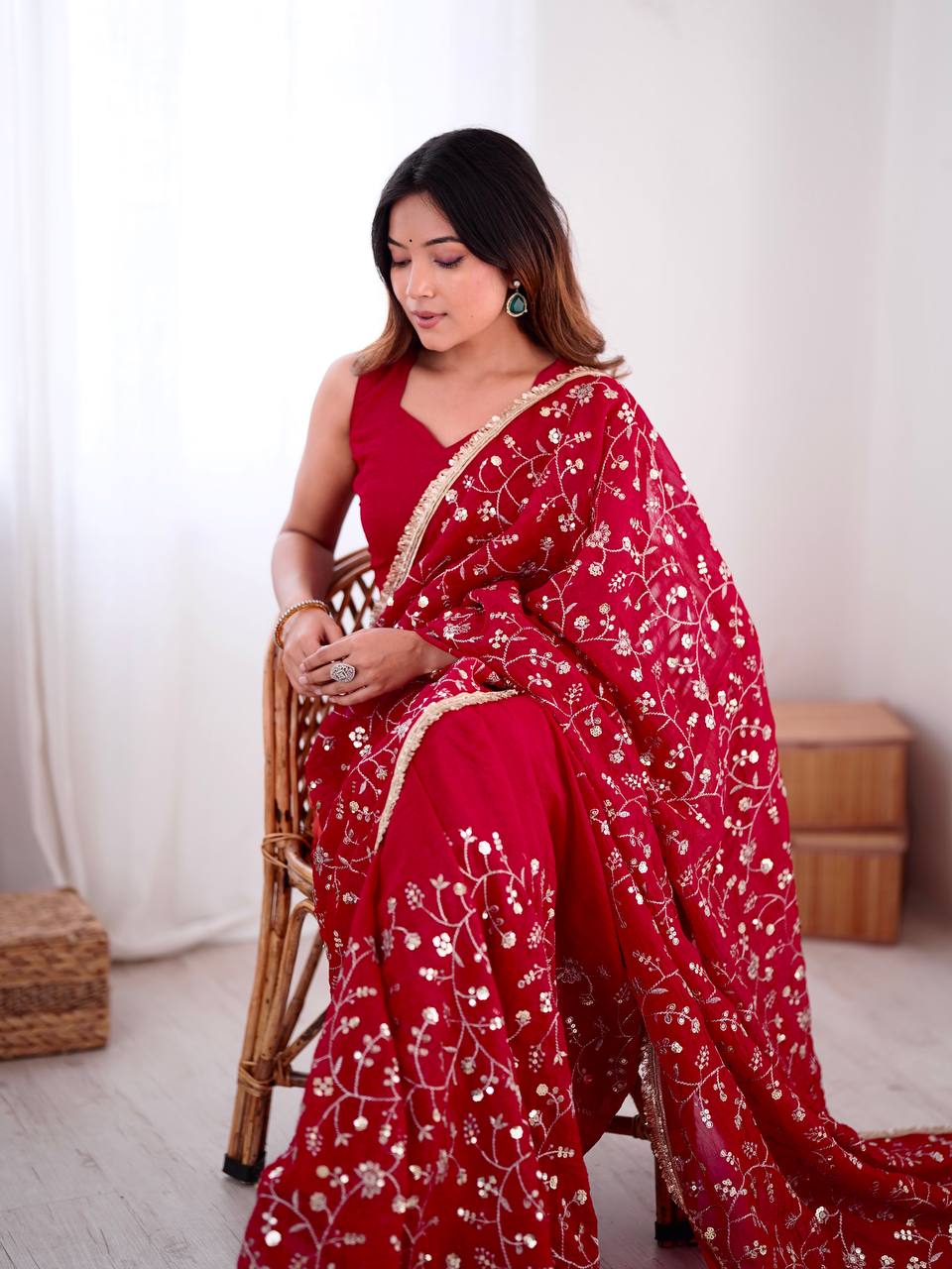 Red Crunchy Silk Saree with Sequin Embroidery