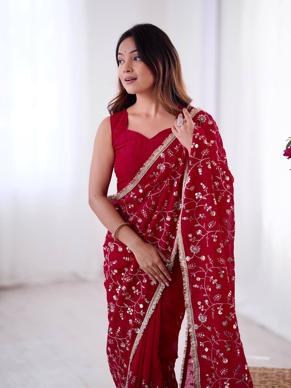 Red Crunchy Silk Saree with Sequin Embroidery
