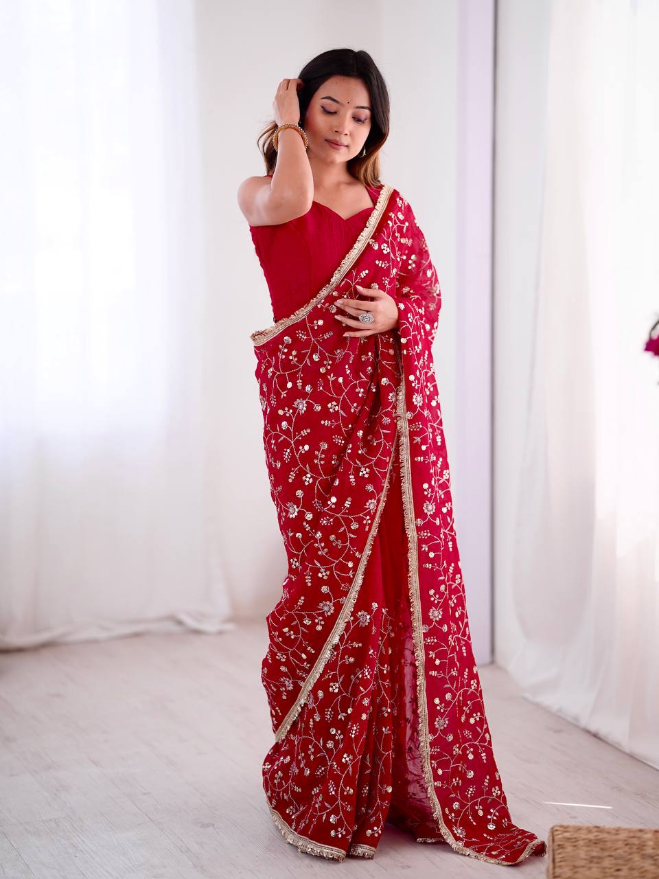 Red Crunchy Silk Saree with Sequin Embroidery
