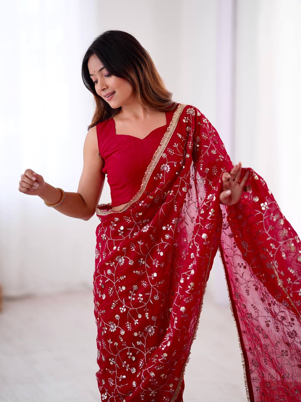 Red Crunchy Silk Saree with Sequin Embroidery