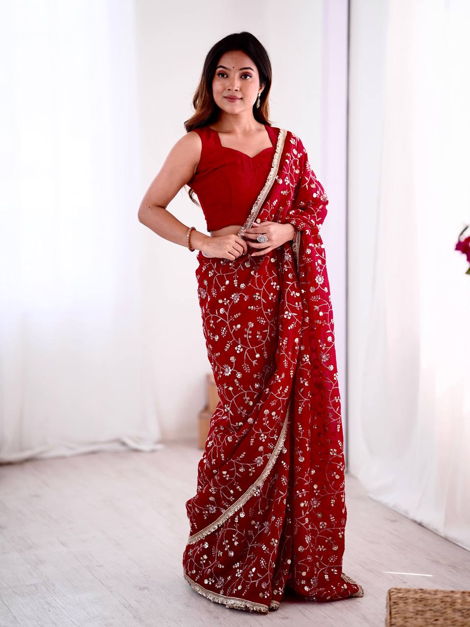 Red Crunchy Silk Saree with Sequin Embroidery