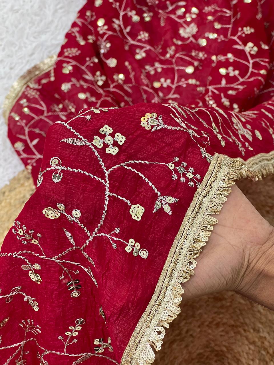 Red Crunchy Silk Saree with Sequin Embroidery
