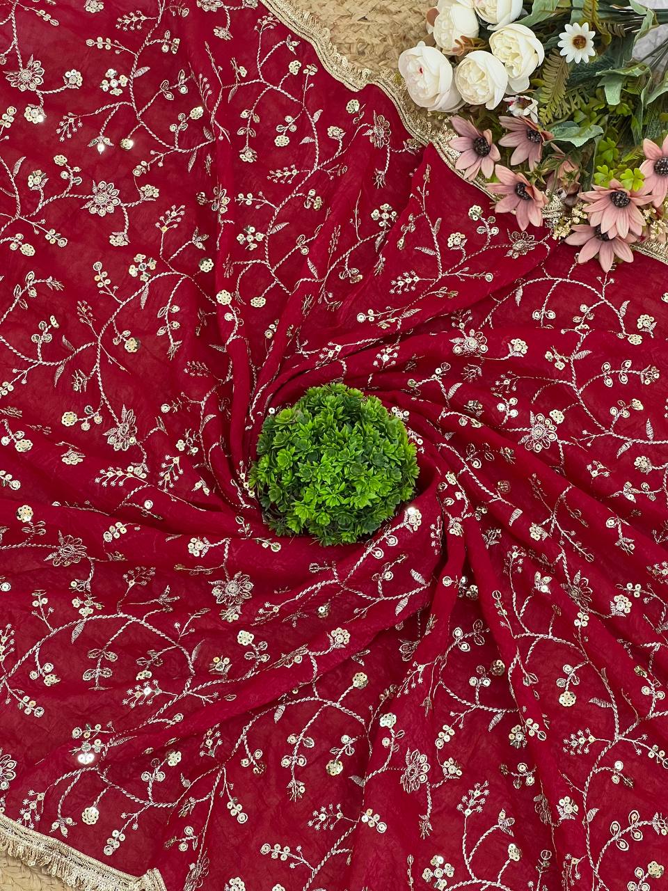 Red Crunchy Silk Saree with Sequin Embroidery