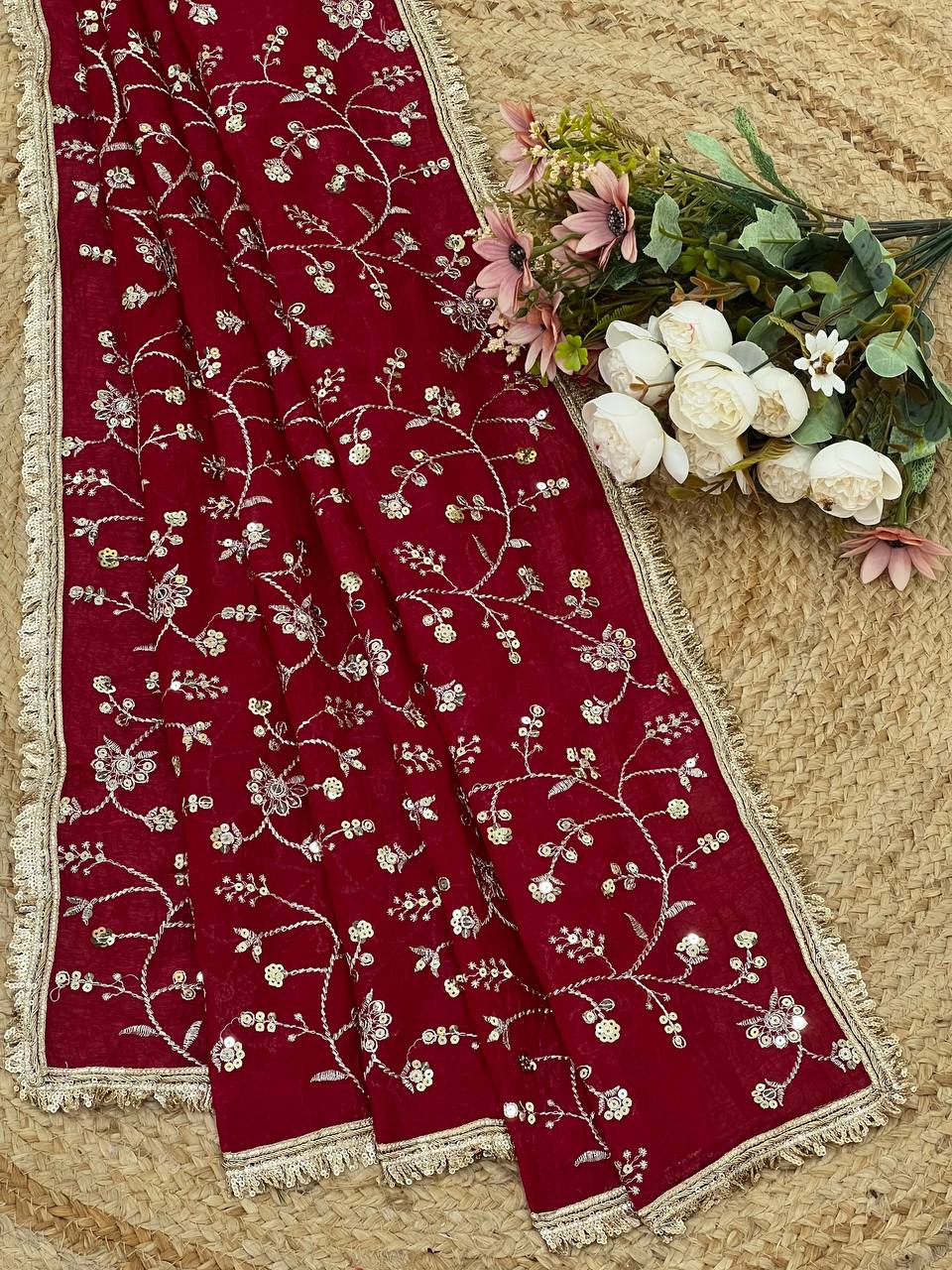 Red Crunchy Silk Saree with Sequin Embroidery