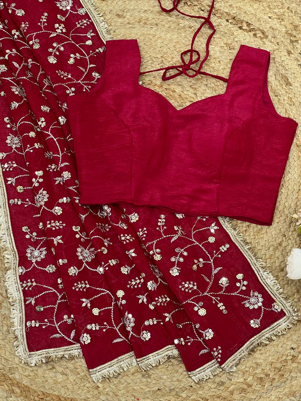 Red Crunchy Silk Saree with Sequin Embroidery