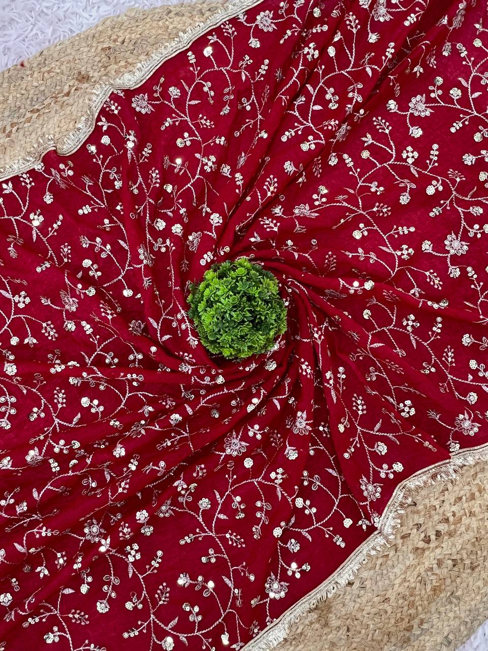 Red Crunchy Silk Saree with Sequin Embroidery