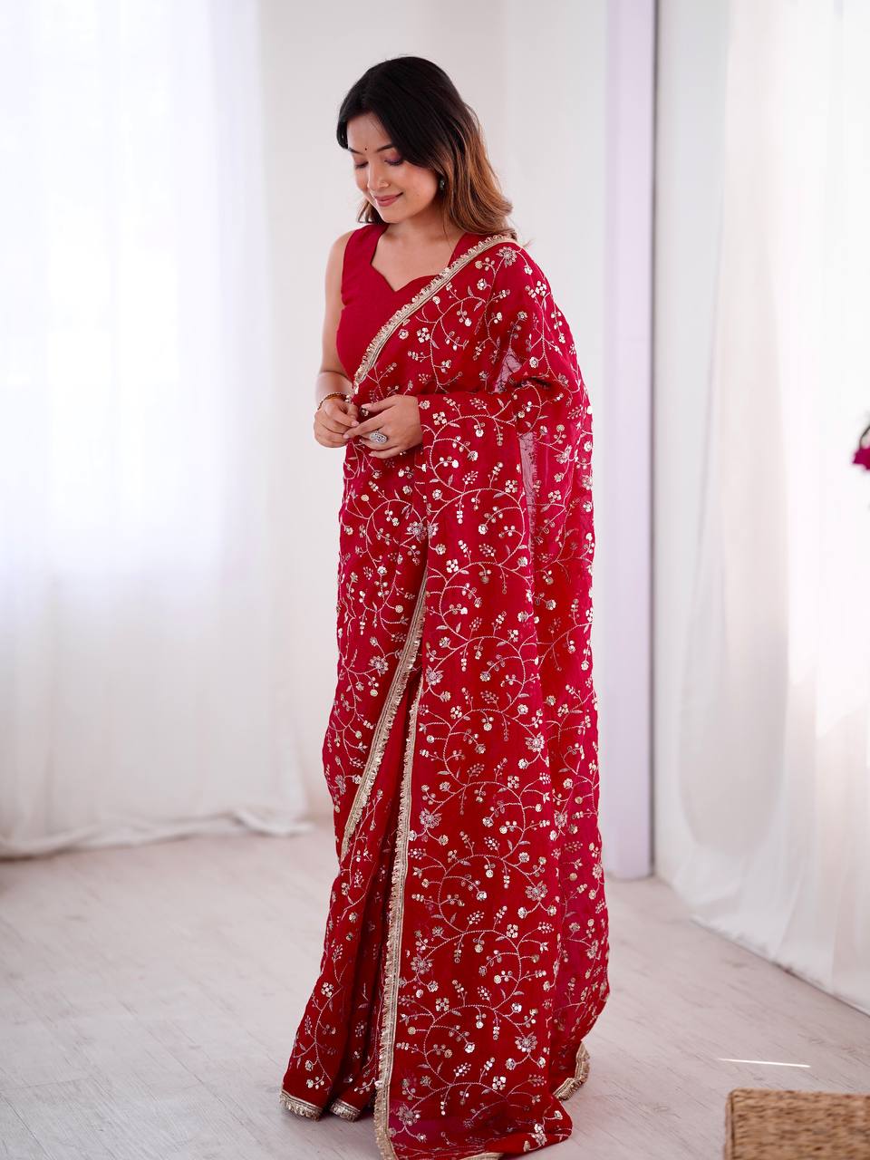 Red Crunchy Silk Saree with Sequin Embroidery