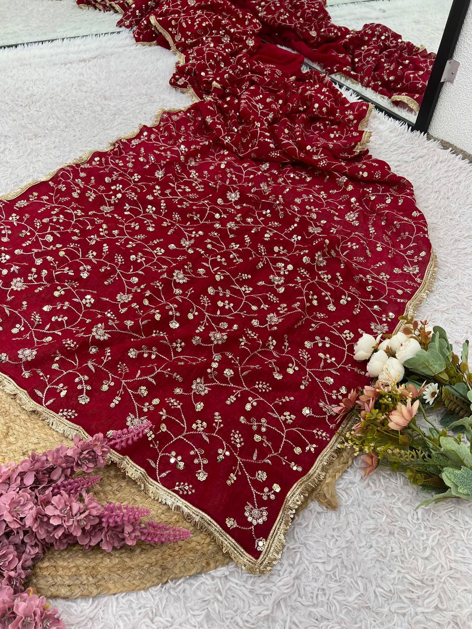 Red Crunchy Silk Saree with Sequin Embroidery