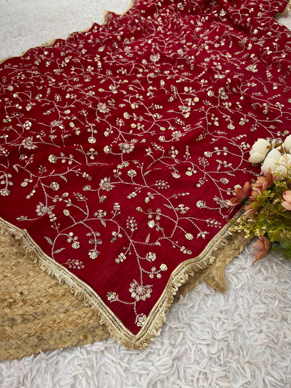 Red Crunchy Silk Saree with Sequin Embroidery