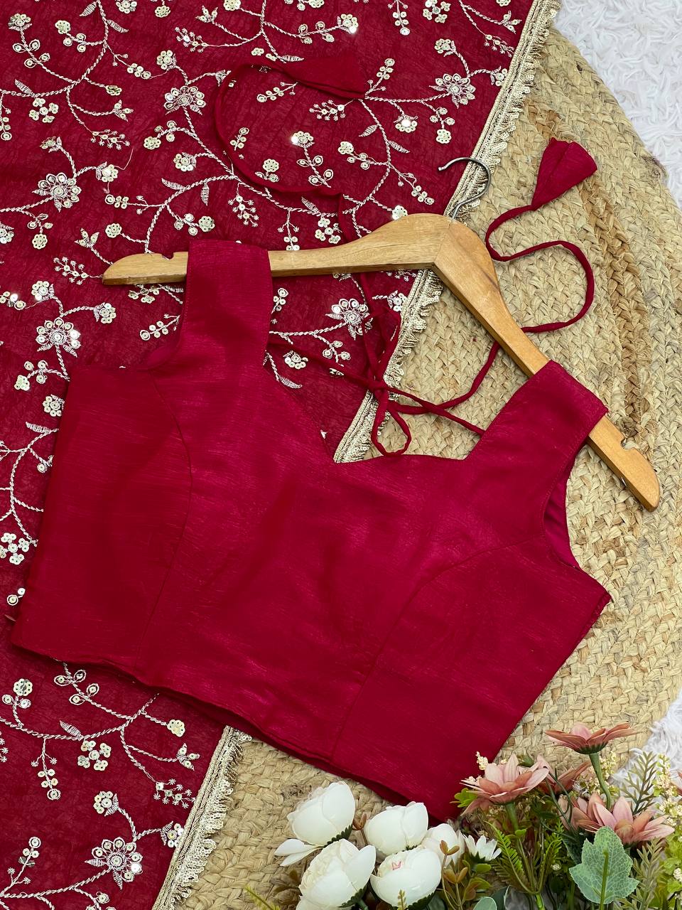 Red Crunchy Silk Saree with Sequin Embroidery