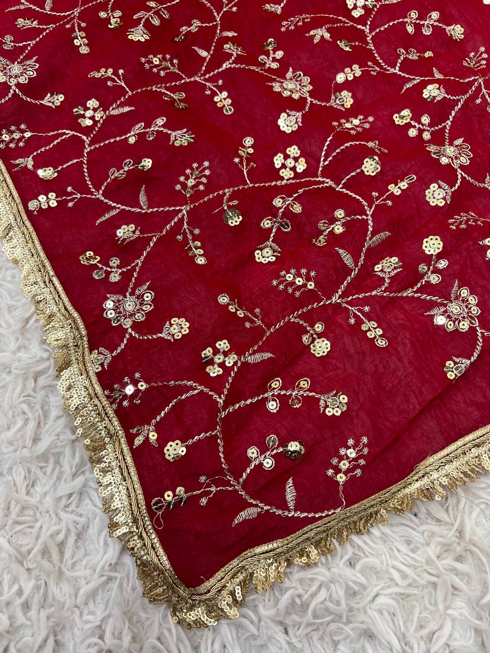 Red Crunchy Silk Saree with Sequin Embroidery