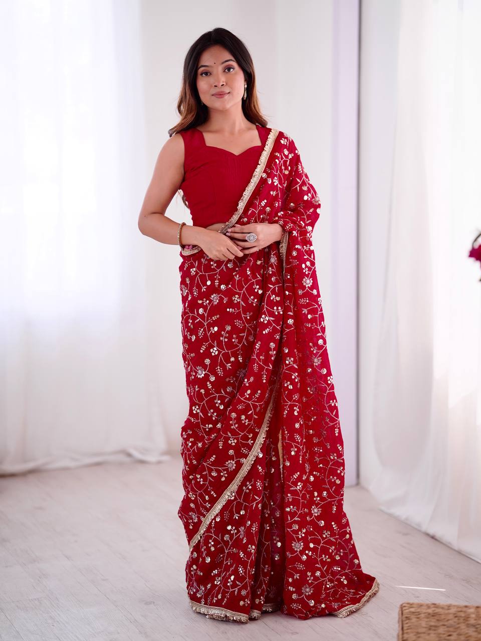 Red Crunchy Silk Saree with Sequin Embroidery