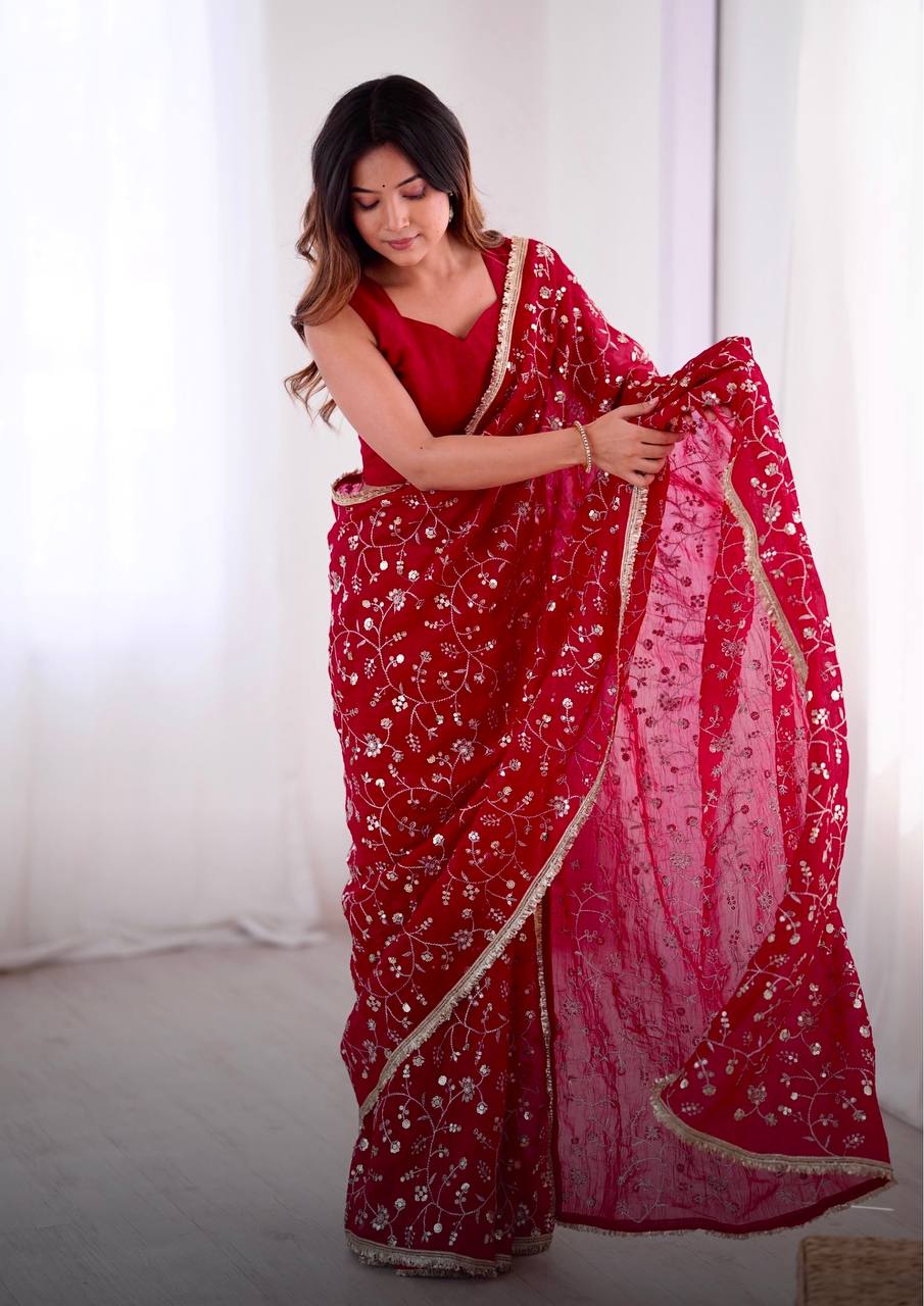Red Crunchy Silk Saree with Sequin Embroidery
