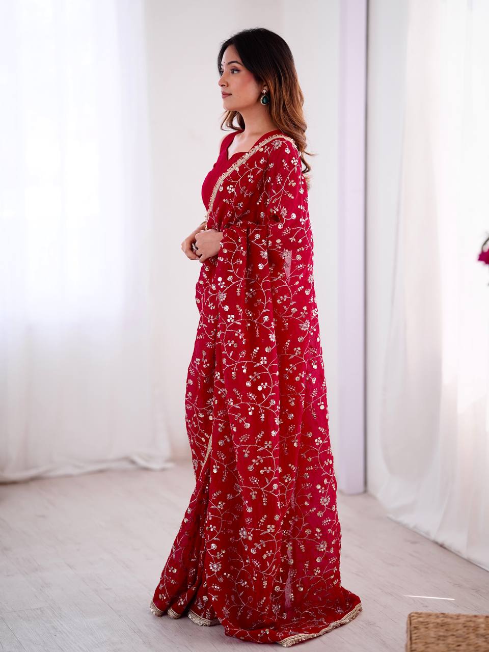 Red Crunchy Silk Saree with Sequin Embroidery
